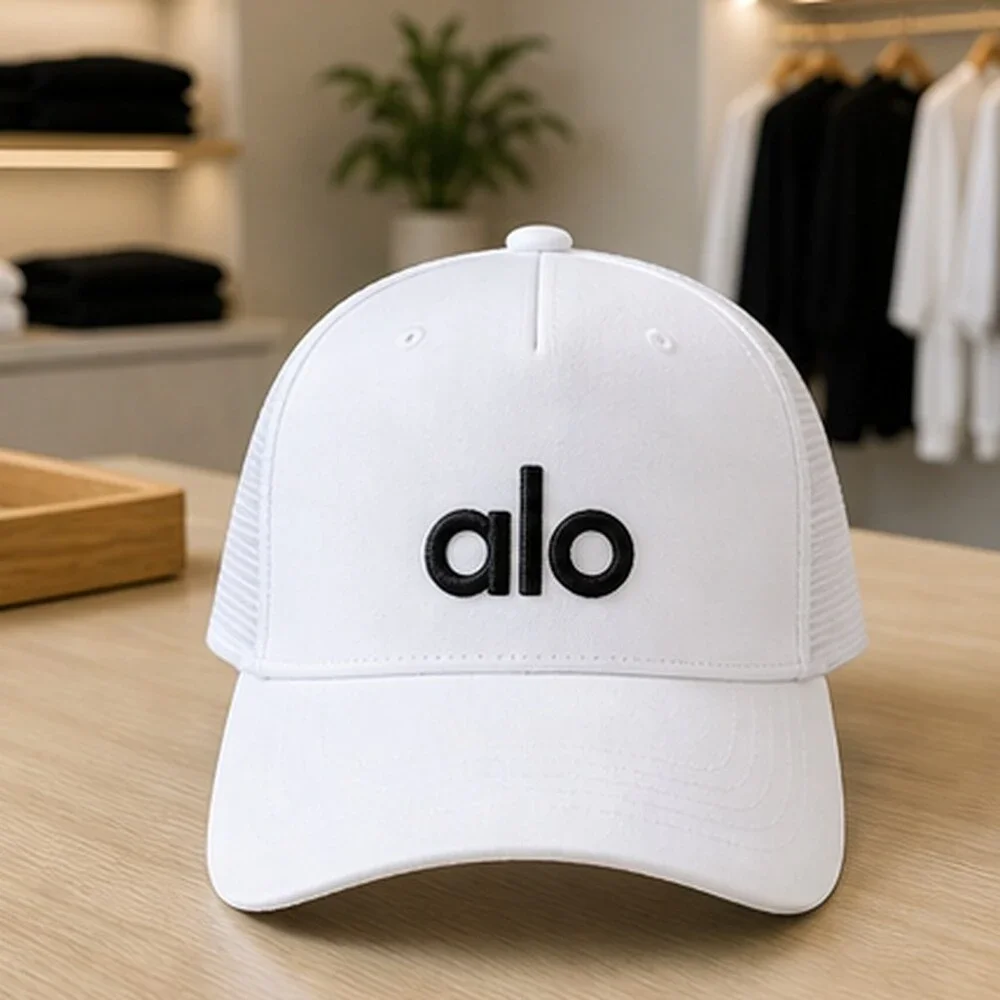 ALO Yoga White Black Everyday Mesh Trucker Cap Hat OS
